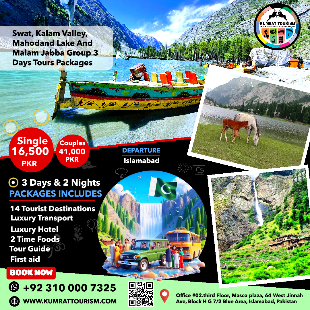 🏔️ Swat, Kalam, Mahodand Lake & Malam Jabba – 3 Days 2 Nights Group Tour