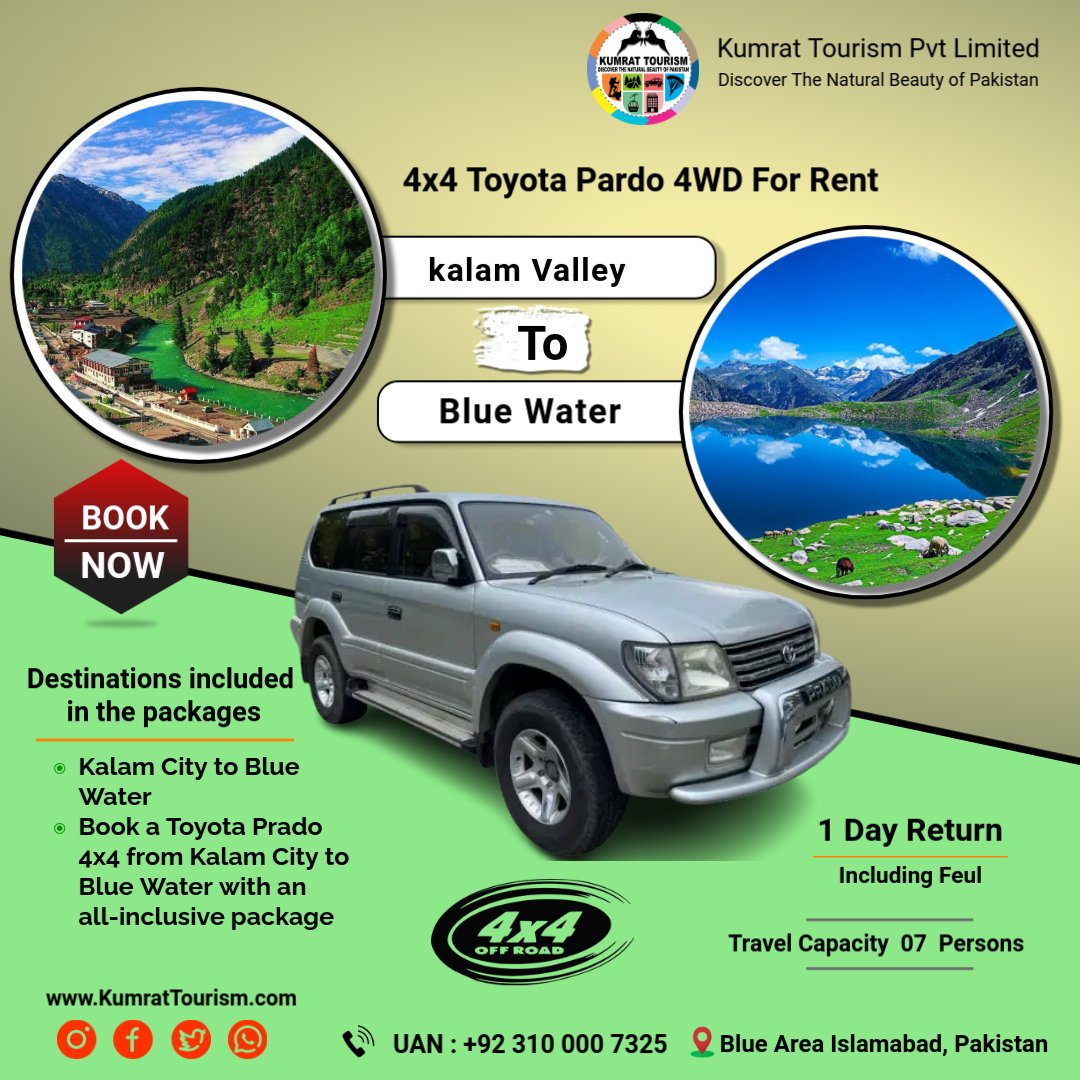Kalam City to Blue Water Toyota Prado 4x4 rental for One Day Return Tour