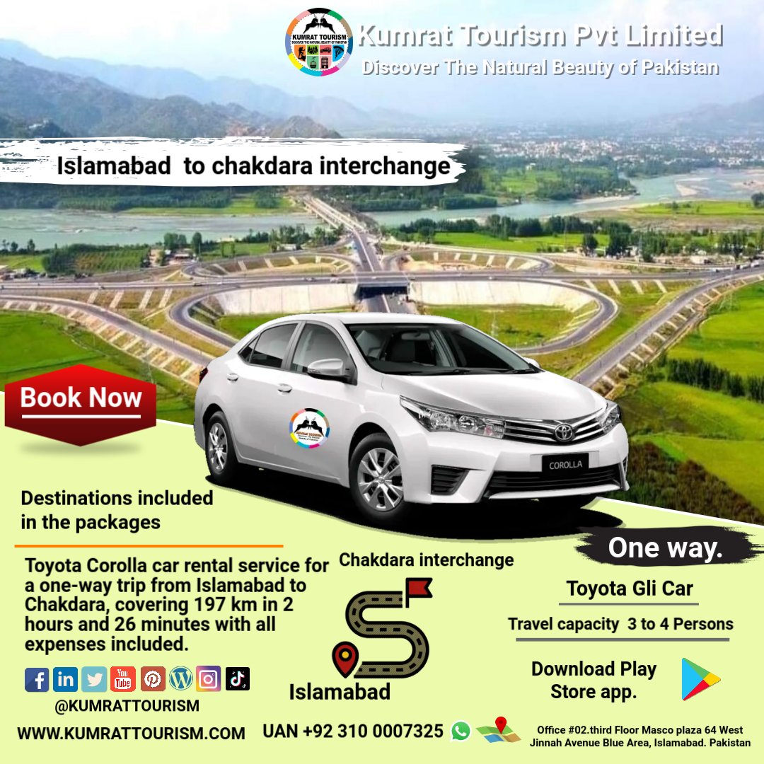 Toyota Corolla Rent Car Islamabad to Chakdara OneWay Booking.